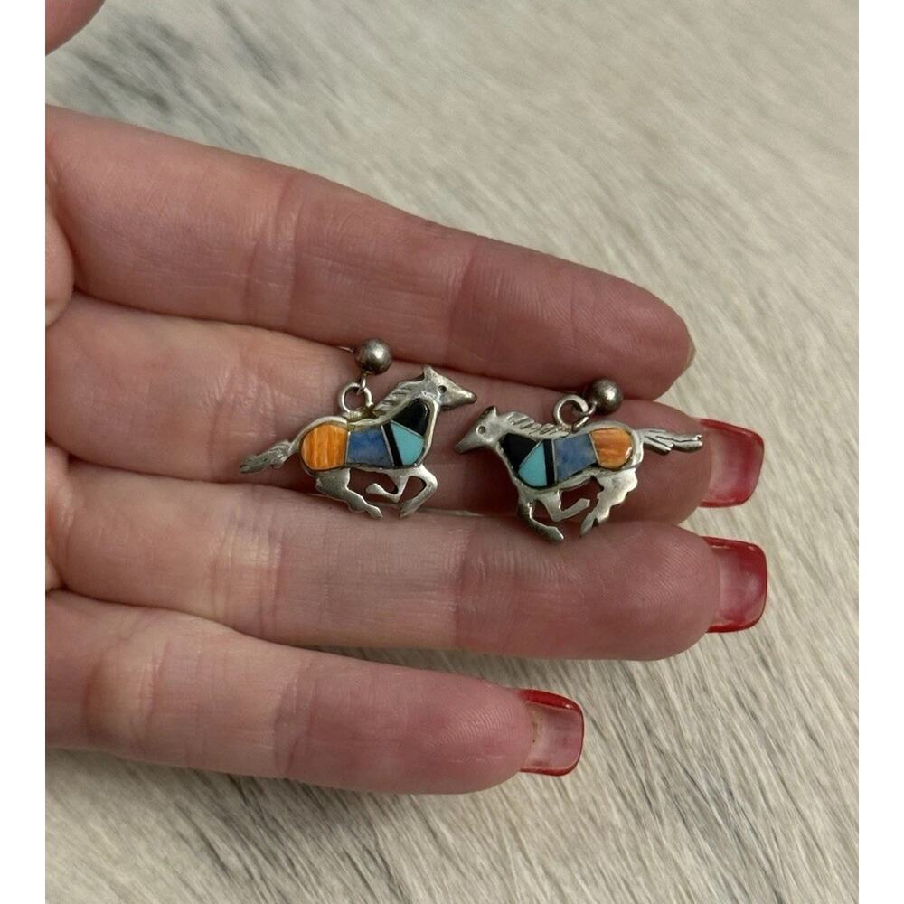 Native American Sterling Silver Rick Tolino Spiny Onyx Turquoise Horse Earrings